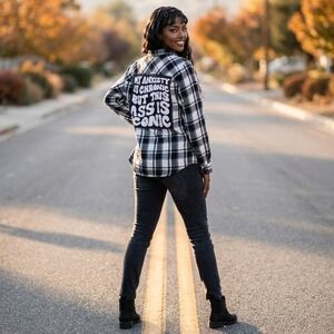 Black and White Plaid Shirt with Graphic Back